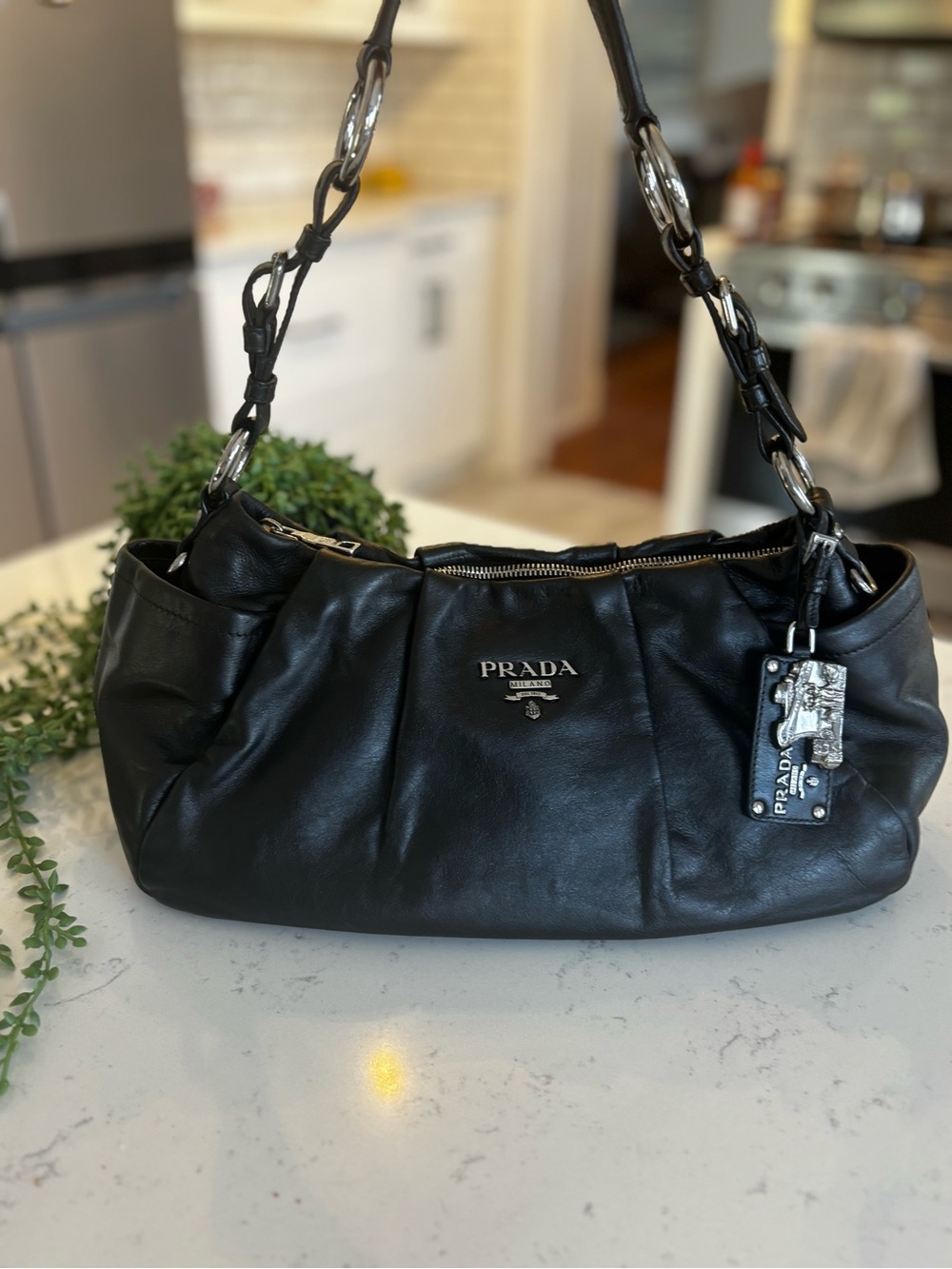 SOLD! Prada Black Leather east/west Shoulder Bag with Silver Hardware